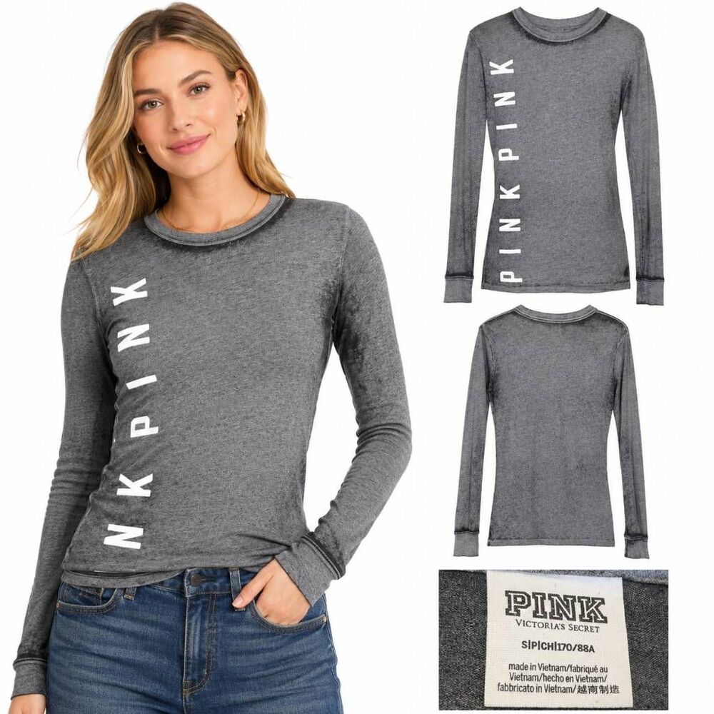 Victoria's Secret Small PINK Gray Long Sleeve Logo Shirt